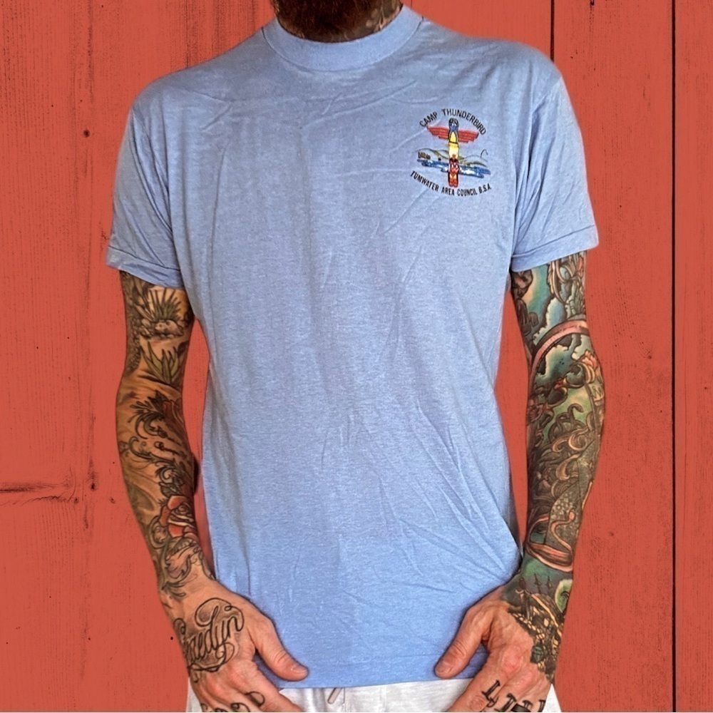 Vintage baby blue screen stars made in USA native camp t shirt fits men’s L